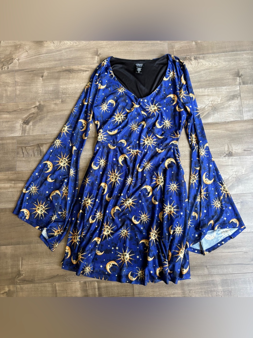 Cosmic Aura Celestial Bell Sleeve Dress Blue Gold Sun Moon Witchy Whimsigoth